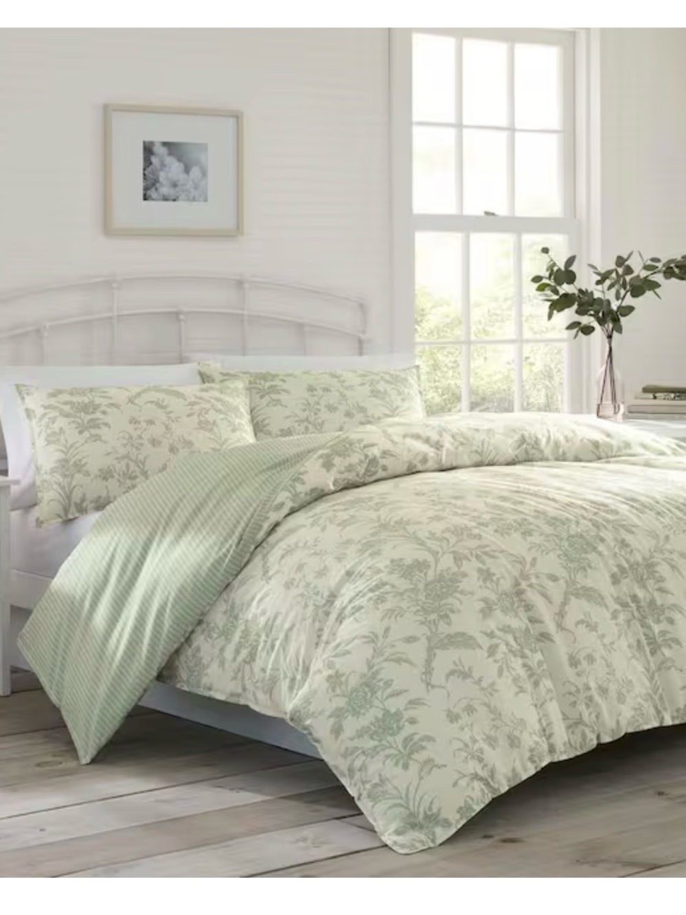Laura Ashley Sage Floral Duvet Cover with Striped Reverse